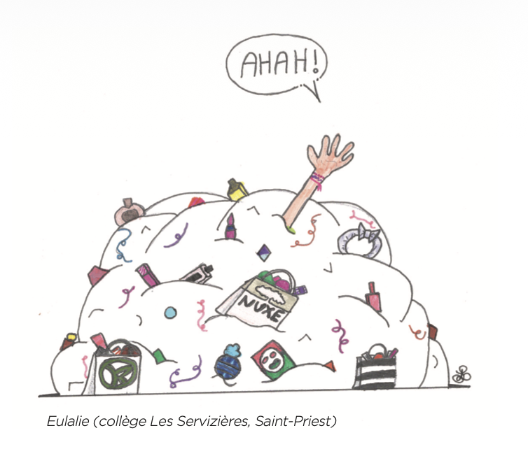 Dessin de une d’Eulalie, collège Les Servizières, Saint-Priest : une main émerge d’un tas de déchets sous une bulle « AHAH ! ».